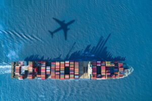 Plane fly over port